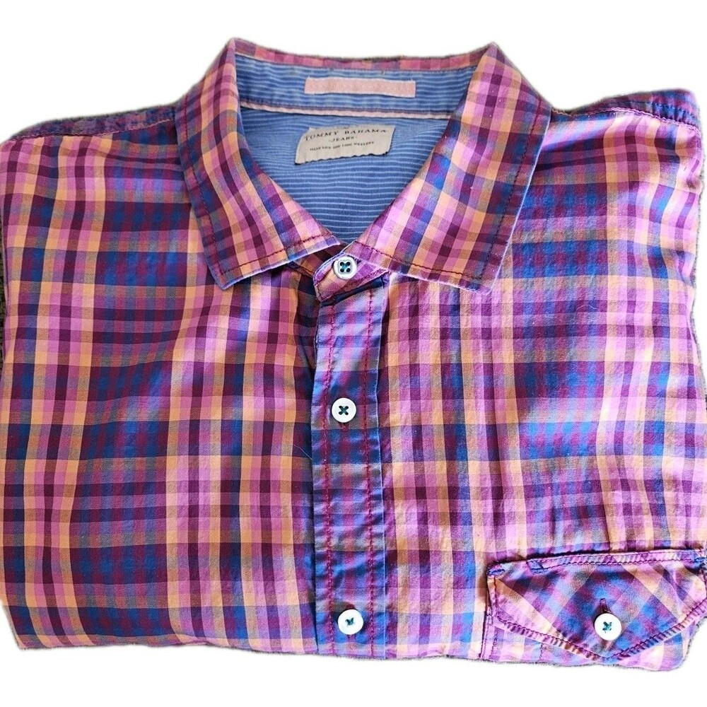 TOMMY BAHAMA JEANS MENS XXL HAWAIIAN SPORT SHIRT ORANGE PURPLE PINK CHECK COTTON